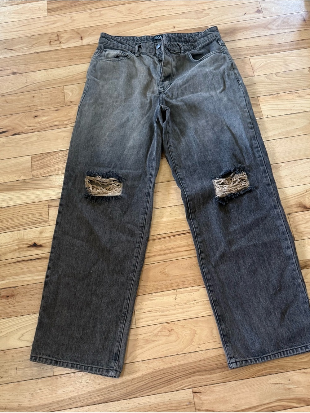BoohooMAN waist 34 gray distressed straight leg jeans relaxed fit